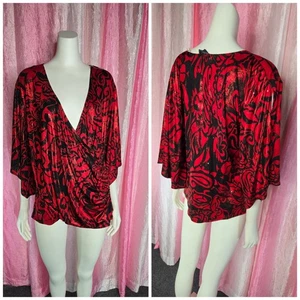 Dressbarn Red Black Sparkly Satin Sequin Wrap Slimming Dressy Blouse Size 2X - Picture 1 of 14