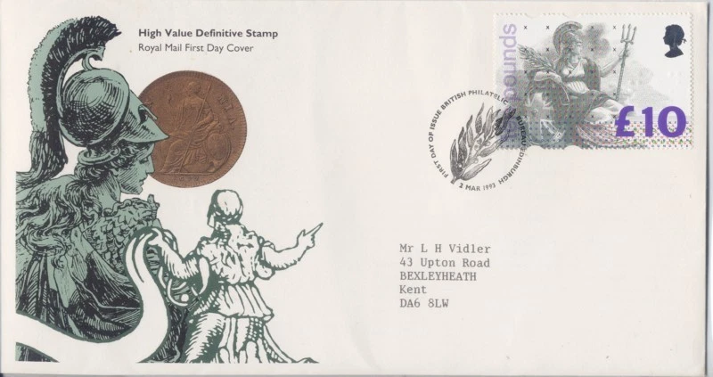GB 1993 £10.00 Britannia Sc#1478 FDC addressed @D1931L - Image 1 of 1