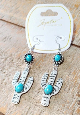 Pendientes colgantes de gancho de cactus y turquesa en tono plateado Foto 1 de 4