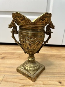 Vintage goldfarbene Vase Made in India schwer verziert Trophäe Kelch Messing Bronze - Bild 1 von 21