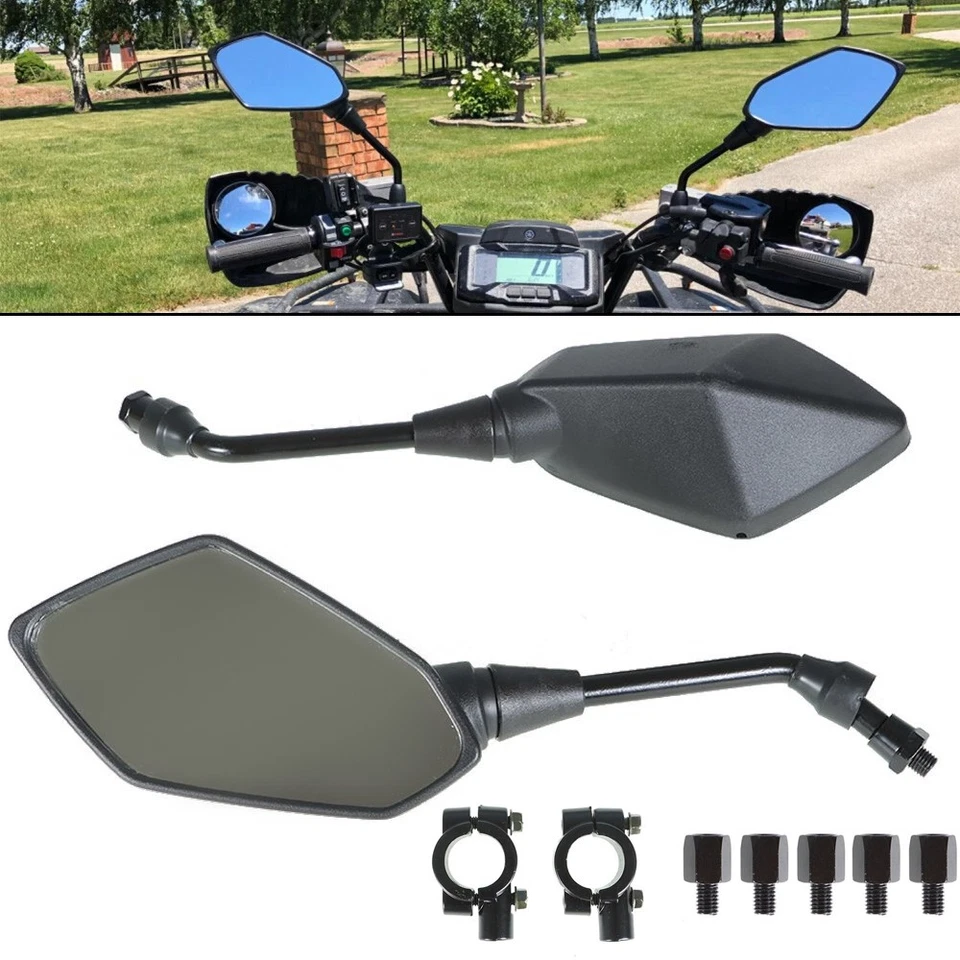 For Yamaha Grizzly 700 660 550 450 ATV Rearview Mirrors + 7/8" Handlebar Clamps - Image 1 of 4