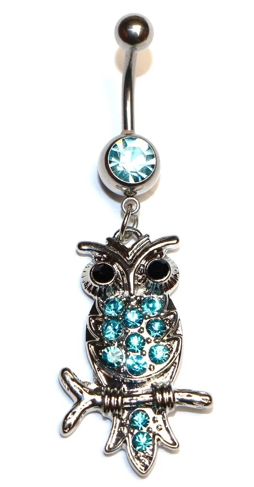 Hypoallergenic surgical steel owl dangle Cubic Zirconia stone blue - Image 1 of 1