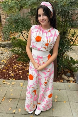 Mono Vintage Años 70 Pierna Ancha Pantalones Rosa Caliente Floral Psicodélico MOD M/L Foto 1 de 4