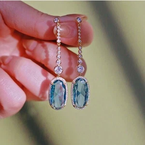 Oval Cut Simulated Blue Topaz Gorgeous Drop Dangle Earrings 14k Rose Gold Plated - Picture 1 of 6