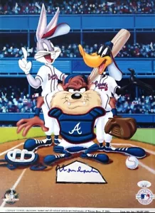 Warren Spahn Autographed Looney Tunes Atlanta Braves 12x17 Sericel Print JSA COA - Picture 1 of 3