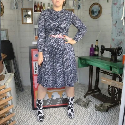 Vestido Midi Mod Vintage Retro Años 60 Negro Geométrico Abstracto Patrón Loco Estampado 10 Foto 1 de 4