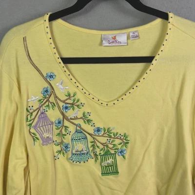 Quacker Factory Birdhouse Sweater Women XL Ruffle Sleeve Rhinestone Blouse - Image 1 of 4