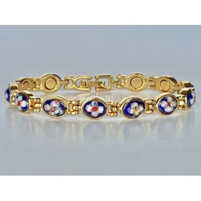Womens Magnetic Bracelet Cloisonné Blue with White Flowers 💙Beautiful  - Image 1 of 4