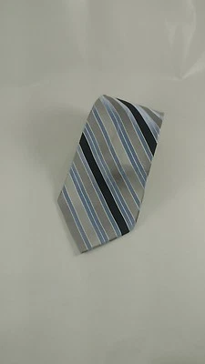 全新无标签 Jones New York 100% 真丝领带浅蓝色带银色和黑色条纹 — 第 1/4 张图片