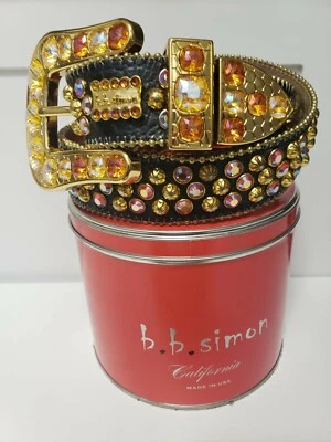 BB Simon Swarovski Large Crystal Black Leather Belt 32 L. - Image 1 of 2