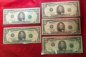 Lot of 5-1995 $5.00 - FRN's -E, (2) G, K & L DISTRICTS -LAST YEAR FOR GREENBACKS - Picture 1 of 8