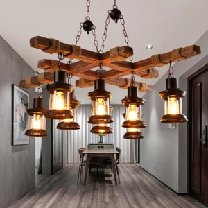 8 Head Hanging Lamp Pendant Lighting Ceiling Fixture Farmhouse Chandelier Wooden - Picture 1 of 16