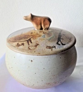 Studio Art Pottery Bowl Jar w/ Lid Hand Made Southwest Brown Blue Stoneware 7.5" - Picture 1 of 10