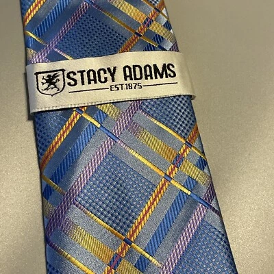 Mens Stacy Adams Neck Tie w Matching Pocket Square Blue Plaid Checked Geometric - Image 1 of 4