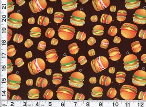 Cheeseburgers Hamburgers on Black Quilting & Sewing Fabric by the Yard #109 - Picture 1 of 1