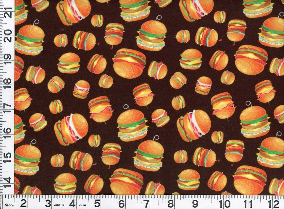 MDG Cheeseburgers Hamburgers on Black Quilting & Sewing Fabric 1/2 Yard #109