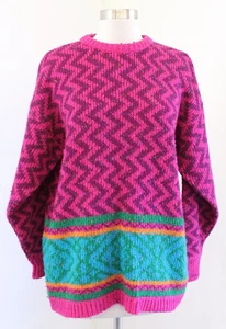 Vtg 90s Pink Confetti Knit Chevron Striped Sweater Size S Wool Retro Fair Isle - Picture 1 of 7