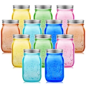 12 frascos de albañil de colores de 16 oz con tapas contenedores de enlatado de pinta de vidrio regu... - Imagen 1 de 7