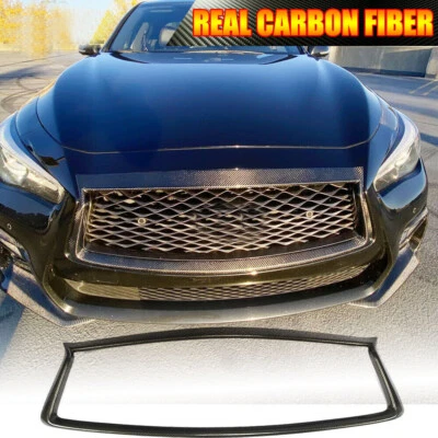 FOR 2018-2023 INFINITI Q50 REAL CARBON FRONT GRILL OUTLINE TRIM COVER OVERLAY - Image 1 of 4