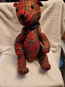 Christmas Plaid Jointed Wool Teddy Bear Buttons Weighted Plush ~15" Sitting - Picture 1 of 10