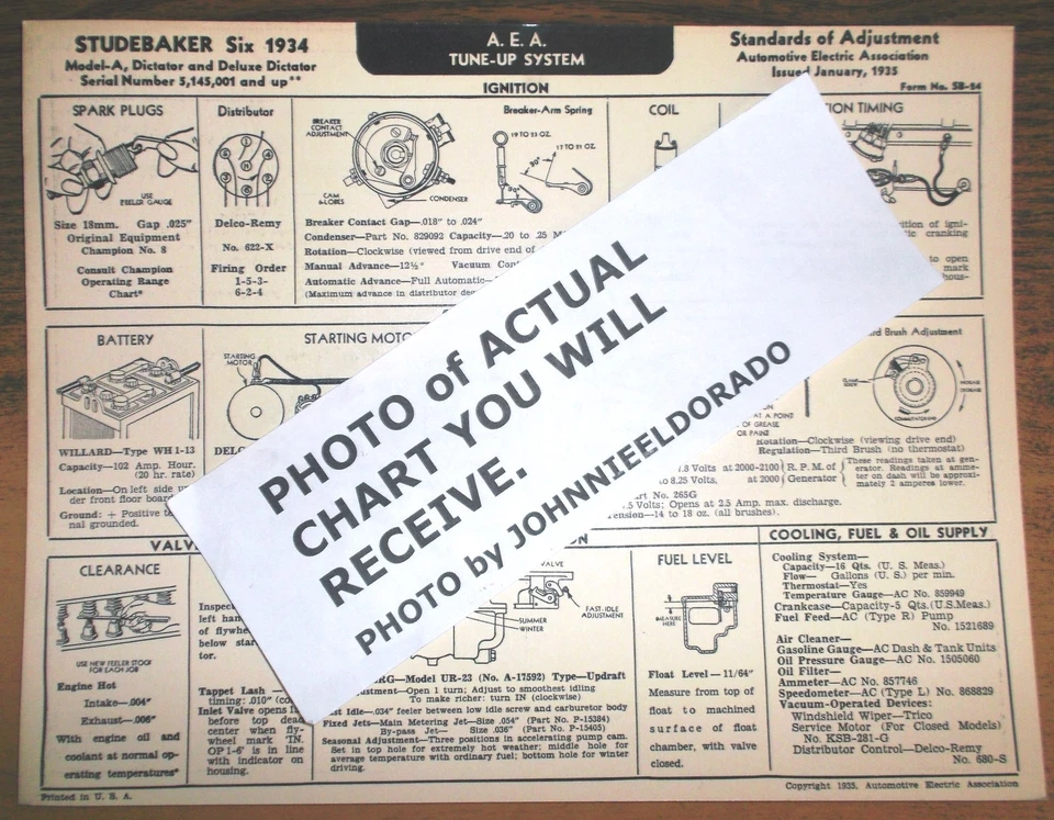 Studebaker SIX Model-A 1934, Dictator & Deluxe Dictator AEA tabla de afinación   Foto 1 de 1