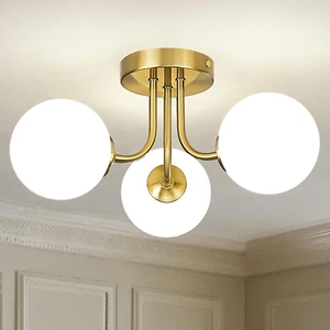 3-Light Gold Semi Flush Mount Ceiling Light, Frosted Glass Globe Ceiling Light w - Picture 1 of 8