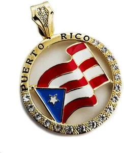 Gold Plated Puerto Rico Flag Charm Pendant Medallion MEDAL Cubic Zirconia Stone - Picture 1 of 3