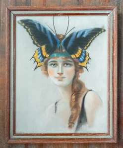 Antique Art Deco Pastel Painting of a Pretty Lady with Butterfly Headband - Picture 1 of 9