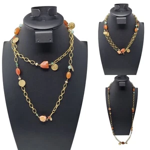 Vintage signierte goldfarbene strukturierte Kabelkette Flapper Halskette Münze Bernstein Charms - Bild 1 von 13