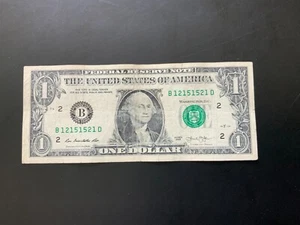 2013 $1 DOLLAR BILL B12151521D Fancy number - Picture 1 of 4