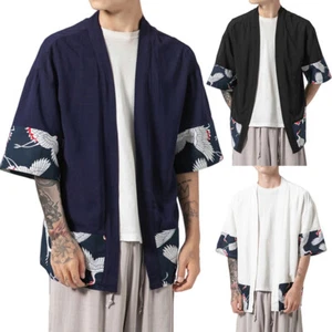 Men Crane Print Haori Cardigan Kimono Yukata Robe Happi Coat Shirt Tops - Picture 1 of 15