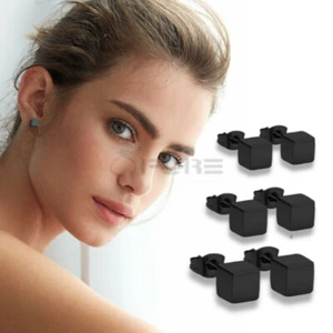 Trendy 316L Surgical Steel Square Fancy Pierced Black Ear Stud Earrings Unisex - Picture 1 of 40