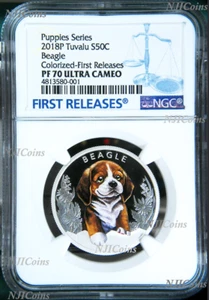 2018 Puppies Beagle Tuvalu PROOF Silver NGC PF 70 1/2oz Coin Lunar Year DOG FR - Picture 1 of 4