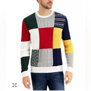 Club Room Men’s Medium Patchwork Multicolor Cotton Sweater Classic Fit Crewneck - Picture 1 of 6