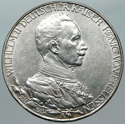 1913A GERMANY GERMAN STATES PRUSSIA WILHELM II Antique Silver 3 Mark Coin i88433 - Image 1 of 3