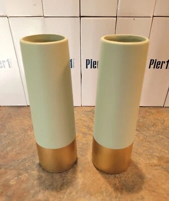 Juego de (2) jarrones de cerámica contemporáneos Pier 1 Imports de 9". Verde claro con oro   Foto 1 de 4