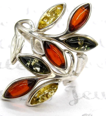 silver amber leaf ring multicolour Baltic amber 925 sterling silver 2.9g size r - Image 1 of 4