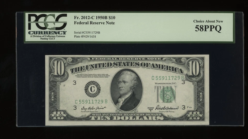 DBR 1950-B $10 Philadelphia Fr. 2012-C PCGS 58 PPQ Serial C55911729B - Image 1 of 2