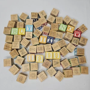 65 PC Wooden Alphabet Color Building Blocks Numbers Animals Plants Foods 1-1/8" - Picture 1 of 6