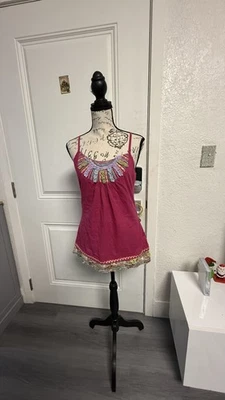 Lulumari 粉色波西米亚刺绣背心 M 码 100% 棉 — 第 1/4 张图片