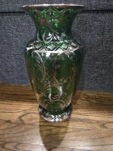 Vintage Bohemian Green Art Glass Vase Silver Overlay Applied Clear JN Macedonia - Picture 1 of 6