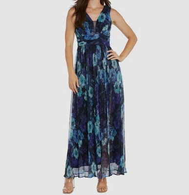R&M Richards Women's Blue Floral Crinkled Pleated V-Neck Dress Size 12 - Image 1 of 4