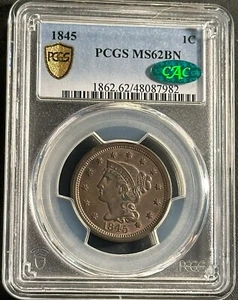 1845 PCGS MS 62BN CAC Braided Hair Large Cent Coin 1c - Bild 1 von 4