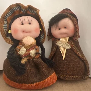 Vintage Folk Art Dolls Ethnic Boy & Girl Embroidered Faces TLC - Picture 1 of 10