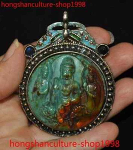 2.6" Tibet silver Inlay green gem Cloisonne Guanyin goddess Tara Buddha Thang-ga - Picture 1 of 4