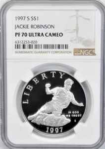 1997 JACKIE ROBINSON Silver Dollar $1 NGC PF70💥FLAWLESS QUALITY💥 - Picture 1 of 5