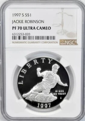 1997 JACKIE ROBINSON Silver Dollar $1 NGC PF70💥FLAWLESS QUALITY💥 - Image 1 of 4