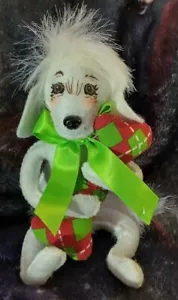 ANNALEE ORNAMENT PLUSH Doggie PUPPY X MAS 6 "white dog W/ bone argyle print - Picture 1 of 5