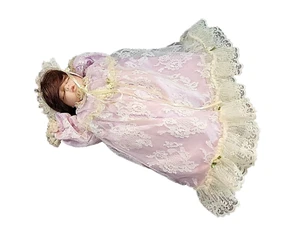 Vintage Musical Porcelain Sleeping Baby Doll Brunette Purple White Lace Dress - Picture 1 of 10