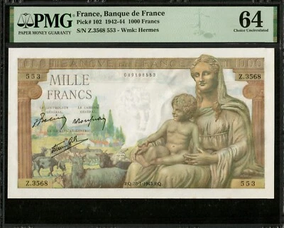 FRANCE - 1000 Francs Demeter 1943 F.40.17 Pick 102 NEW / PMG Choice Unc 64 - Image 1 of 3
